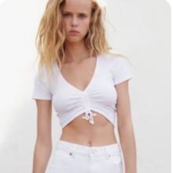 Zara White Ruched Ribbed Top - Picture 2 of 5